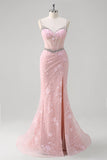 Pink Corset Applique Beaded Mermaid Prom Dress with Slit