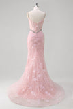 Pink Corset Applique Beaded Mermaid Prom Dress with Slit