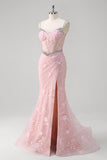 Pink Corset Applique Beaded Mermaid Prom Dress with Slit