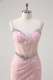 Pink Corset Applique Beaded Mermaid Prom Dress with Slit