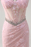 Pink Corset Applique Beaded Mermaid Prom Dress with Slit