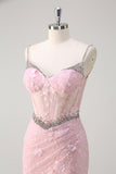 Pink Corset Applique Beaded Mermaid Prom Dress with Slit