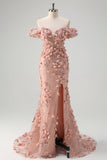 Blush Mermaid 3D Flowers Off the Shoulder Long Prom Dress with Slit