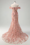 Blush Mermaid 3D Flowers Off the Shoulder Long Prom Dress with Slit