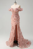 Blush Mermaid 3D Flowers Off the Shoulder Long Prom Dress with Slit