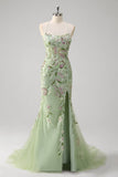 Green Mermaid Sequined Floral Tulle Prom Dress with Slit