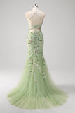 Green Mermaid Sequined Floral Tulle Prom Dress with Slit