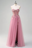 Taro Purple Strapless Applique Corset A-Line Tulle Prom Dress with Slit