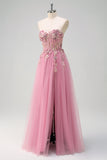 Taro Purple Strapless Applique Corset A-Line Tulle Prom Dress with Slit