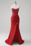 Red Strapless Beaded Mermaid Sweep Train Prom Dress with Slit