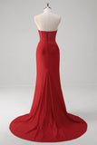 Red Strapless Beaded Mermaid Sweep Train Prom Dress with Slit