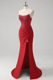 Red Strapless Beaded Mermaid Sweep Train Prom Dress with Slit