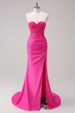 Fuchsia Corset Mermaid Strapless Applique Satin Prom Dress with Slit