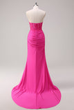 Fuchsia Corset Mermaid Strapless Applique Satin Prom Dress with Slit