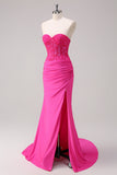 Fuchsia Mermaid Strapless Corset Prom Dress with Slit