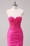 Fuchsia Mermaid Strapless Corset Prom Dress with Slit