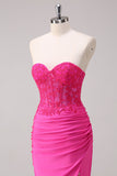 Fuchsia Mermaid Strapless Corset Prom Dress with Slit