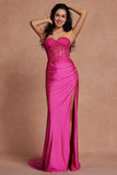 Fuchsia Corset Mermaid Strapless Applique Satin Prom Dress with Slit