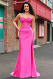 Mermaid Fuchsia Strapless Corset Embroidered Prom Dress with Slit