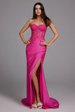 Fuchsia Mermaid Strapless Corset Prom Dress with Slit