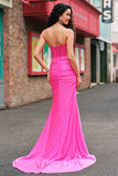 Mermaid Fuchsia Strapless Corset Embroidered Prom Dress with Slit