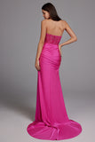 Fuchsia Mermaid Strapless Corset Prom Dress with Slit