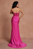 Fuchsia Corset Mermaid Strapless Applique Satin Prom Dress with Slit