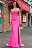 Mermaid Fuchsia Strapless Corset Embroidered Prom Dress with Slit