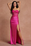 Fuchsia Corset Mermaid Strapless Applique Satin Prom Dress with Slit