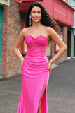 Mermaid Fuchsia Strapless Corset Embroidered Prom Dress with Slit