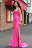 Mermaid Fuchsia Strapless Corset Embroidered Prom Dress with Slit