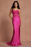 Fuchsia Corset Mermaid Strapless Applique Satin Prom Dress with Slit