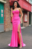 Mermaid Fuchsia Strapless Corset Embroidered Prom Dress with Slit