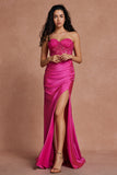 Fuchsia Corset Mermaid Strapless Applique Satin Prom Dress with Slit