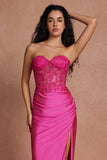 Fuchsia Corset Mermaid Strapless Applique Satin Prom Dress with Slit