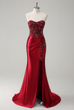 Burgundy Strapless Beaded Satin Mermaid Prom Dress with Slit