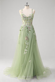 Green Sequined Floral Tulle A-Line Prom Dress with Slit