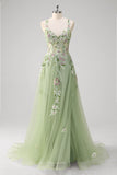 Green Sequined Floral Tulle A-Line Prom Dress with Slit