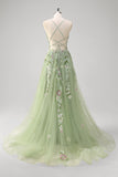 Green Sequined Floral Tulle A-Line Prom Dress with Slit