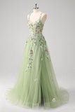 Green Sequined Floral Tulle A-Line Prom Dress with Slit