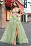 Green Sequined Floral Tulle A-Line Prom Dress with Slit