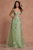 Green Sequined Floral Tulle A-Line Prom Dress with Slit