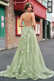 Green Sequined Floral Tulle A-Line Prom Dress with Slit