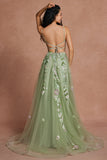 Green Sequined Floral Tulle A-Line Prom Dress with Slit