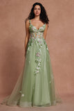 Green Corset Sequins Floral Tulle A-Line Prom Dress with Slit