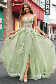 Green Sequined Applique Corset A-Line Prom Dress with Slit