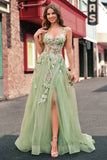 Green Sequined Applique Corset A-Line Prom Dress with Slit