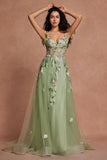 Green Corset Sequins Floral Tulle A-Line Prom Dress with Slit