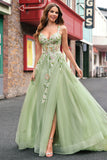 Green Sequined Applique Corset A-Line Prom Dress with Slit