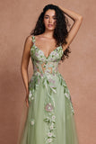 Green Corset Sequins Floral Tulle A-Line Prom Dress with Slit